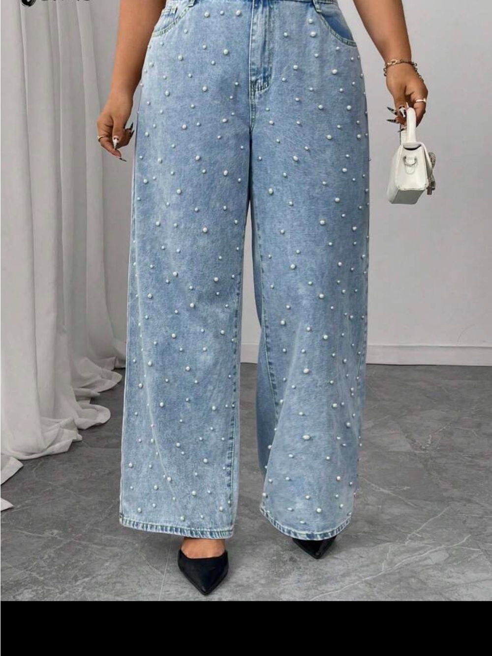 SHEIN Light Blue Wide-Leg Pearl-Studded Jeans